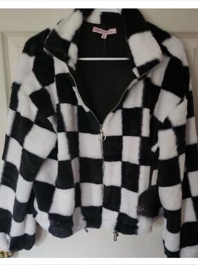 Crave Fame Black and White Checkered Teddy Jacket